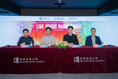 Guests attending the HKBU Symphony Orchestra Annual Gala 2026 Press Conference included Professor Johnny Poon (right 2), Associate Vice-President (Interdisciplinary Research) and Dean of the School of Creative Arts; Professor Chen Jie (left 2), Associate Professor of Computer Science; Dr Lam Kwan-fai (left 1), Associate Professor of Practice at the Academy of Music; and Mr Taurin Barreras (right 1), Associate Professor of Practice at the Academy of Music.