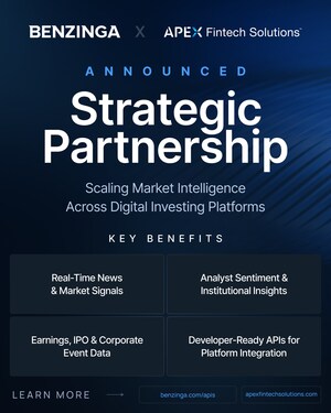 Benzinga and Apex Fintech Solutions Establish Data Relationship to Deliver Market Intelligence APIs to Financial Platforms