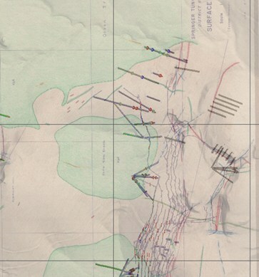 Figure 3: Historical drill holes including high-grade tungsten trioxide intercepts around the Uncle Sam stock. (CNW Group/Blue Moon Metals)