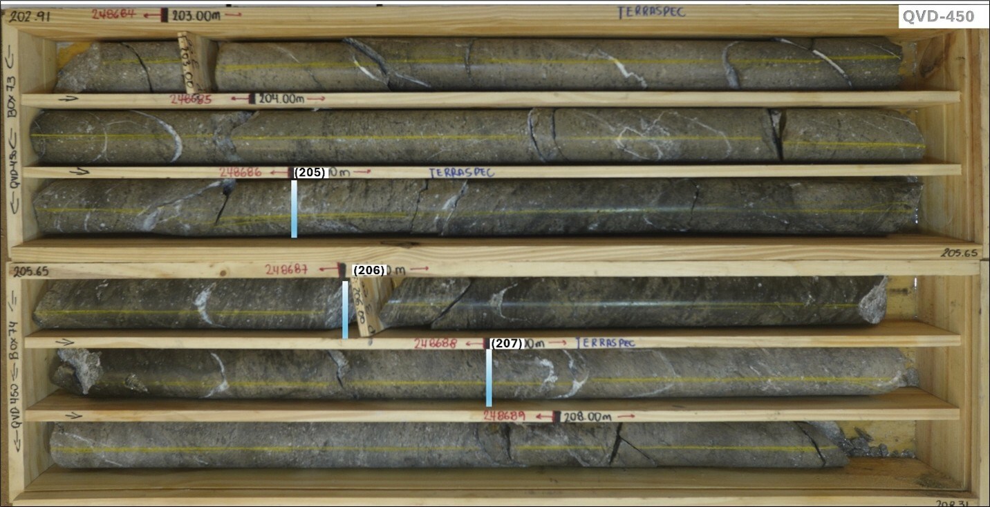 Figure 4. Hole QVD-450: Core boxes displaying core intervals from 205.0 to 207.0 meters, which returned a broad intercept of 135 g/t Ag and 0.27 g/t Au over 2.0m. This is a new mineralized zone at the Argentina target, situated more than 1.5 km from Yaxtché deposit. (CNW Group/Argenta Silver Corp.)