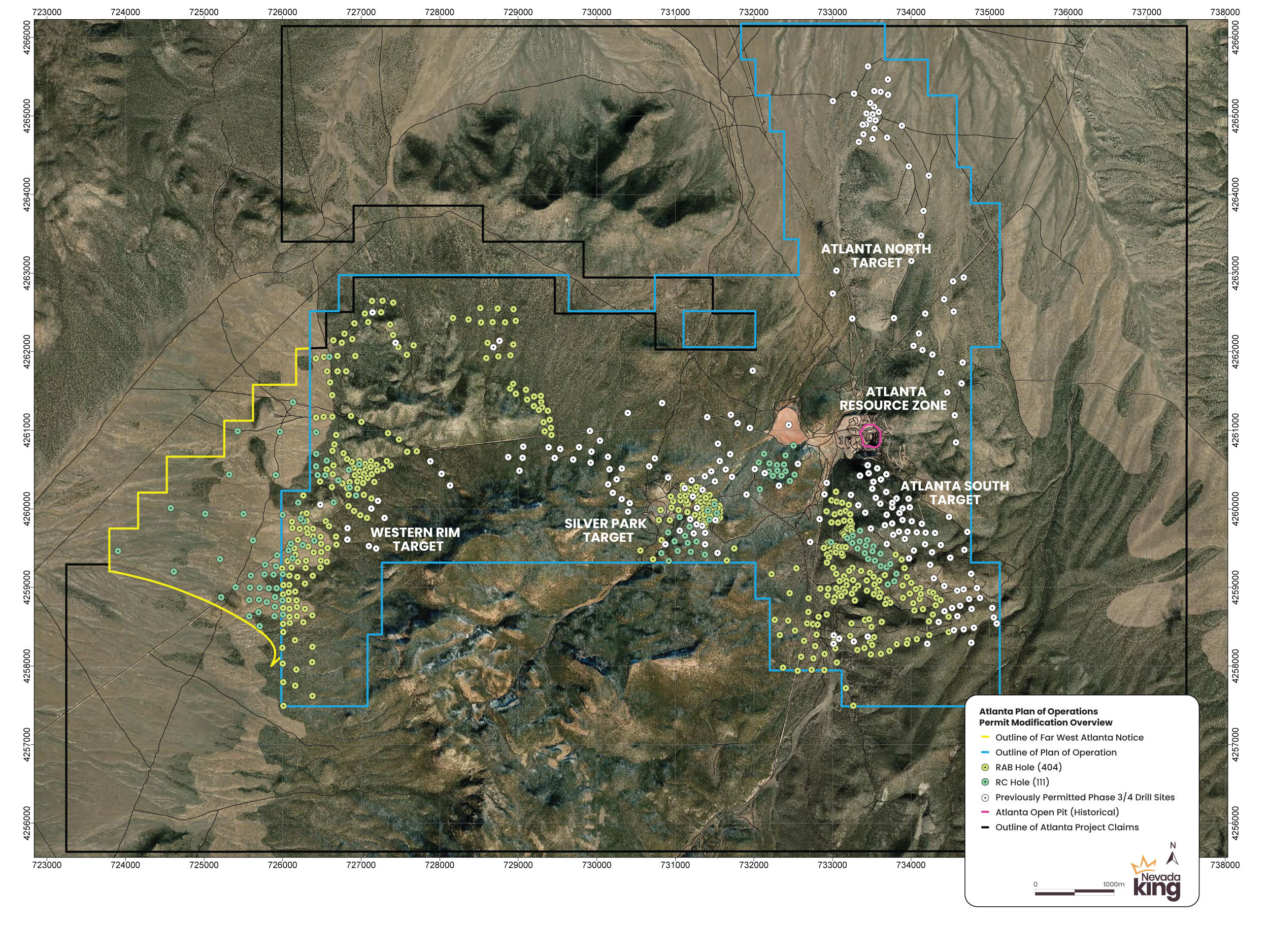 Figure 1. Atlanta Gold Mine Project property boundary showing Plan of Operations coverage, Far West Atlanta Notice area, as well as permitted drill sites and proposed new drill sites contingent on PoO Mod 5 approval. (CNW Group/Nevada King Gold Corp.) Figure 1. Atlanta Gold Mine Project property boundary showing Plan of Operations coverage, Far West Atlanta Notice area, as well as permitted drill sites and proposed new drill sites contingent on PoO Mod 5 approval. (CNW Group/Nevada King Gold Corp.)