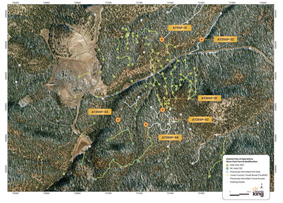 Figure 3. Silver Park East and SPE Extension area showing new proposed drill sites under the PoO Mod 5, as well as currently permitted drill site locations and existing and proposed cross country travel routes. (CNW Group/Nevada King Gold Corp.)