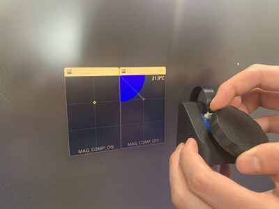 XELA Robotics’ enhanced magnetic interference compensation. Strong magnet (pull force of 3 kg) nearly touching sensor (size: 3x3 mm2) has no effect on compensated sensor readings.