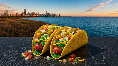 The Chicago Taco Dog is a classic Chicago-style hot dog with all the traditional fixings, tucked inside an Ortega taco shell and topped with Ortega taco sauce. Credit: Ortega