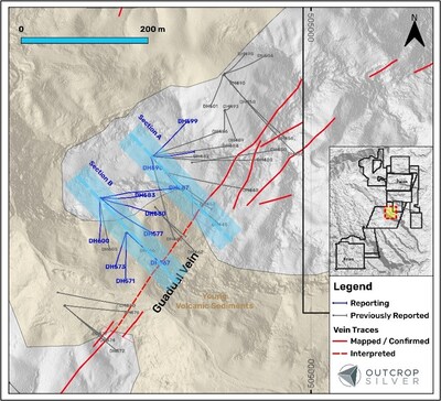 Figure 1. Plan view of the Guadual target showing the drill holes reported in this release (Table 1) and previously reported holes (Table 2). Coordinates are in the UTM system, zone 18N, and WGS84 projection. (CNW Group/Outcrop Silver & Gold Corporation)