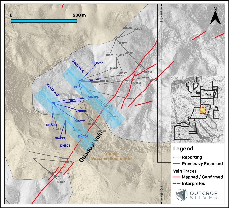 Figure 1. Plan view of the Guadual target showing the drill holes reported in this release (Table 1) and previously reported holes (Table 2). Coordinates are in the UTM system, zone 18N, and WGS84 projection. (CNW Group/Outcrop Silver & Gold Corporation) Figure 1. Plan view of the Guadual target showing the drill holes reported in this release (Table 1) and previously reported holes (Table 2). Coordinates are in the UTM system, zone 18N, and WGS84 projection. (CNW Group/Outcrop Silver & Gold Corporation)