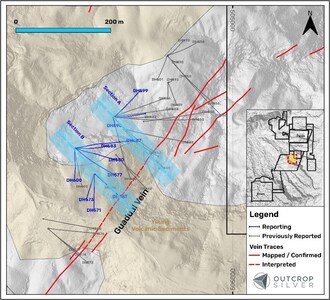 Figure 1. Plan view of the Guadual target showing the drill holes reported in this release (Table 1) and previously reported holes (Table 2). Coordinates are in the UTM system, zone 18N, and WGS84 projection. (CNW Group/Outcrop Silver &amp; Gold Corporation)
