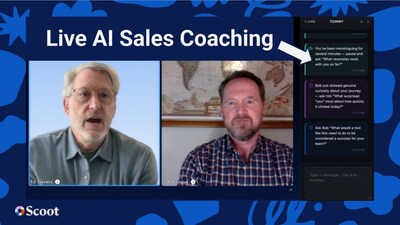 A sales meeting in Scoot with Live Advisor in the right panel. Sales reps get coaching when it matters: During the call, not after.