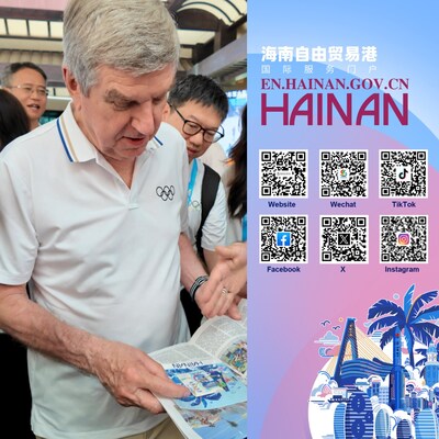 The photo shows IOC Honorary President for Life Thomas Bach viewing the cultural and creative products of the Hainan Free Trade Port International Service Portal.
