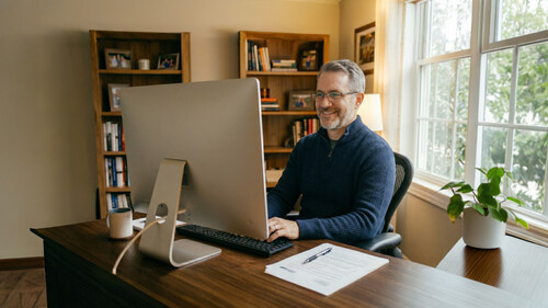 A man at a computer reviews Bankrate's recognition of Accredited Debt Relief as a top choice for debt relief services based on it's exceptional customer service ratings.