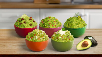 From left to right: Mama Boneta’s Guac, Hot Honey Guac, Fiesta Guac, Roasted Corn Guac, Spicy Dill Pickle Guac