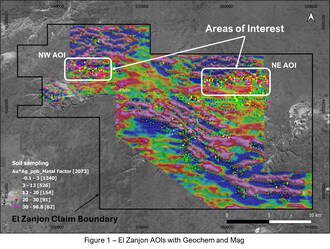 Figure 1 - El Zanjon AOIs with Geochem and Mag (CNW Group/Targa Exploration Corp.)