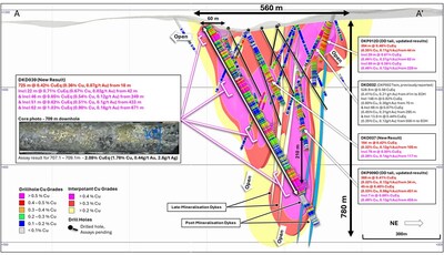 Figure 2. Cross section slice along DKD039 (± 75m clipping) showing +0.2% copper (yellow), +0.3% copper (red), +0.4% copper (magenta) mineralisation interpolants and returned assay results for DKD039, DKP012D, DKD037, DKP009D1. Returned Cu grades shown on hole traces. (CNW Group/Hot Chili Limited)