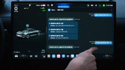 The Gleo AI app running on Pleos Connect. Drivers can activate Gleo AI, the in vehicle AI agent, to search for destinations and set routes using voice commands.