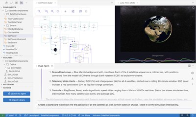 Agent-created, live running dashboard of a model: Agent-created interactive, live simulation dashboard of a satellite’s photovoltaic power system along with orbit simulation.  Model and dashboard both created with the Dyad platform, without needing to switch tools.