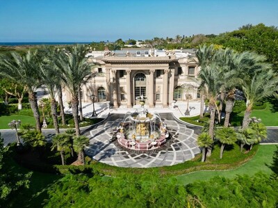 Bat Sheba’s Palace, Caesarea — Grand front elevation with formal motor court and central fountain, set moments from the Mediterranean coastline. (Credit: Davidson Real Estate)