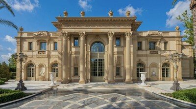 Neoclassical entrance with hand-carved stone columns and bespoke architectural detailing, reflecting the estate’s European design influence. (Credit: Davidson Real Estate)