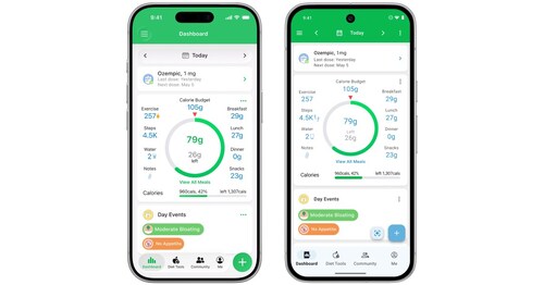 MyNetDiary GLP-1 Companion on iOS and Android with daily protein goal, medication reminder, and side effect log
