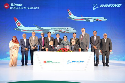 Boeing and Biman Bangladesh Airlines announce the national carrier has placed its largest-ever order, selecting 14 787 Dreamliner and 737 MAX airplanes to expand and modernize its fleet. Pictured and seated left to right: Kaizer Sohel Ahmed, Managing Director & CEO of Biman Bangladesh Airlines; and Paul Righi, Boeing vice president of Commercial Sales and Marketing, Eurasia, India and South Asia. Standing left to right are: Fahmida Akhter, Secretary, Ministry of Civil Aviation and Tourism; Md. Abdur Rahman Khan, Chairman, National Board of Revenue; Md. Mostakur Rahman, Governor of Bangladesh Bank; Rumee A Hossain, Chairman, Biman Bangladesh Airlines; M. Rashiduzzaman Millat, State Minister for Civil Aviation and Tourism, Bangladesh; Dr. Khalilur Rahman, Minister of Foreign Affairs, Bangladesh; Afroza Khanam Rita, Minister for Civil Aviation and Tourism, Bangladesh; Humayun Kabir, Advisor to the Prime Minister; Brent T. Christensen, U.S. Ambassador to Bangladesh; Kaanthi Bhuvanagiri, Commercial Sales Director, India and South Asia; and Asad Alam Siam, Secretary, Ministry of Foreign Affairs.