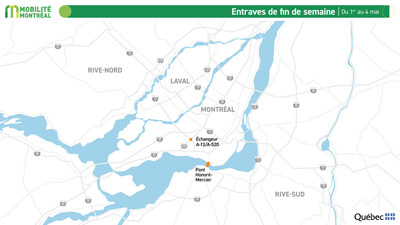 Entraves de fin de semaine, du 1er au 4 mai (Groupe CNW/Ministère des Transports et de la Mobilité durable) Entraves de fin de semaine, du 1er au 4 mai (Groupe CNW/Ministère des Transports et de la Mobilité durable)