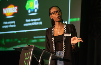 Kellia Kazeneza Gabrino of Wege Prize 2024 finalist team Huzzagro presenting at the 2024 Wege Prize Awards (Courtesy Ferris State University / KCAD)