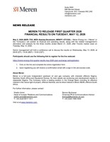 MEREN TO RELEASE FIRST QUARTER 2026 FINANCIAL RESULTS ON TUESDAY, MAY 12, 2026