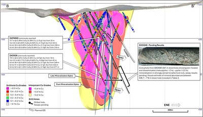 Figure 4. Cross section slice along DKD049 (± 75m clipping) showing +0.2% copper (yellow), +0.3% copper (red), +0.4% copper (magenta) mineralisation interpolants. Returned Cu grades shown on hole traces. Previous results reported by CuEq1, visual estimate from DKD049 shown[2]. (CNW Group/Hot Chili Limited)