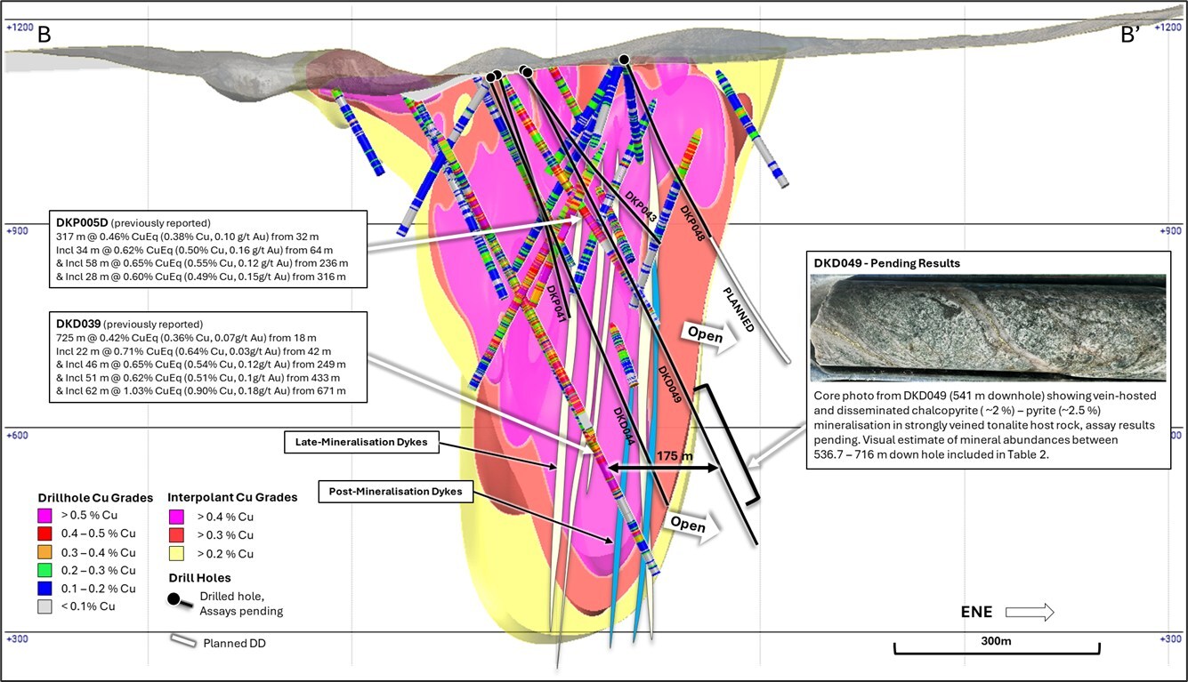 Figure 4. Cross section slice along DKD049 (± 75m clipping) showing +0.2% copper (yellow), +0.3% copper (red), +0.4% copper (magenta) mineralisation interpolants. Returned Cu grades shown on hole traces. Previous results reported by CuEq1, visual estimate from DKD049 shown[2]. (CNW Group/Hot Chili Limited)
