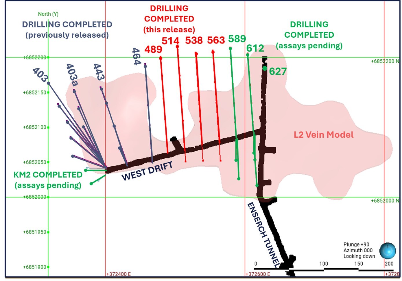 Figure 1. Map showing the completed and planned underground drilling of the Lucky Shot (L2) Vein from the West Drift underground development. (CNW Group/Contango Silver & Gold Inc.) Figure 1. Map showing the completed and planned underground drilling of the Lucky Shot (L2) Vein from the West Drift underground development. (CNW Group/Contango Silver & Gold Inc.)