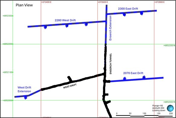 Figure 3. Plan view of the existing underground Lucky shot development completed (in black) and planned exploration development excavations (in blue). (CNW Group/Contango Silver & Gold Inc.) Figure 3. Plan view of the existing underground Lucky shot development completed (in black) and planned exploration development excavations (in blue). (CNW Group/Contango Silver & Gold Inc.)