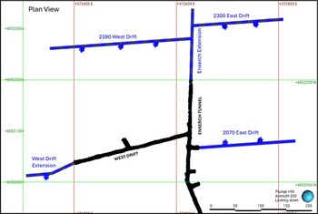 Figure 3. Plan view of the existing underground Lucky shot development completed (in black) and planned exploration development excavations (in blue). (CNW Group/Contango Silver & Gold Inc.)