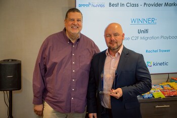 Brian Ragsdale, Director of Strategic Base Management at Uniti (right) accepts the Service Provider Marketing Award from Charlie Conway, CEO of ResearchFirst (left).