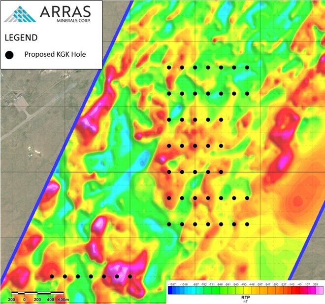 Figure 5. Aimandai Trend showing proposed KGK holes overlain on reduction to pole (“RTP”) ground magnetic survey data. (CNW Group/Arras Minerals Corp.) Figure 5. Aimandai Trend showing proposed KGK holes overlain on reduction to pole (“RTP”) ground magnetic survey data. (CNW Group/Arras Minerals Corp.)