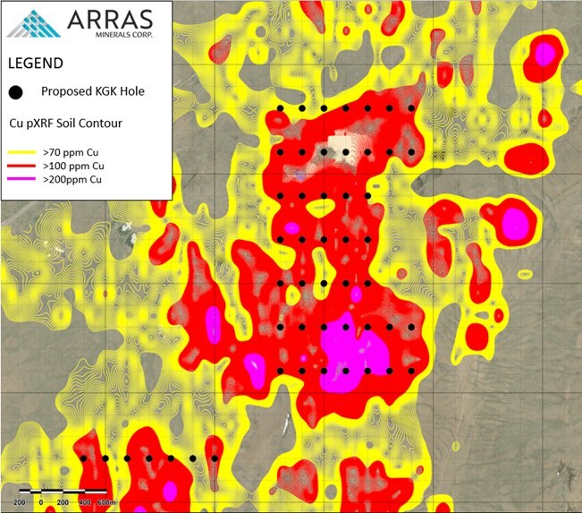 Figure 4. Aimandai Trend showing proposed KGK holes overlain on core Aimandai pXRF soil anomaly. (CNW Group/Arras Minerals Corp.) Figure 4. Aimandai Trend showing proposed KGK holes overlain on core Aimandai pXRF soil anomaly. (CNW Group/Arras Minerals Corp.)