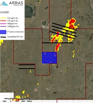 Figure 3. Aimandai soil Cu and As pXRF anomalies. (CNW Group/Arras Minerals Corp.) Figure 3. Aimandai soil Cu and As pXRF anomalies. (CNW Group/Arras Minerals Corp.)