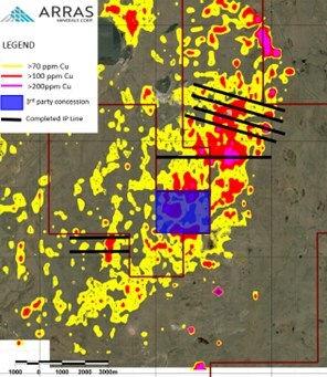 Figure 3. Aimandai soil Cu and As pXRF anomalies. (CNW Group/Arras Minerals Corp.) Figure 3. Aimandai soil Cu and As pXRF anomalies. (CNW Group/Arras Minerals Corp.)
