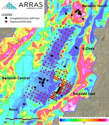 Figure 2. Berezski Trend, showing completed drill-holes, proposed KGK holes, overlain on reduction to pole (“RTP”) ground magnetic survey data. (CNW Group/Arras Minerals Corp.)