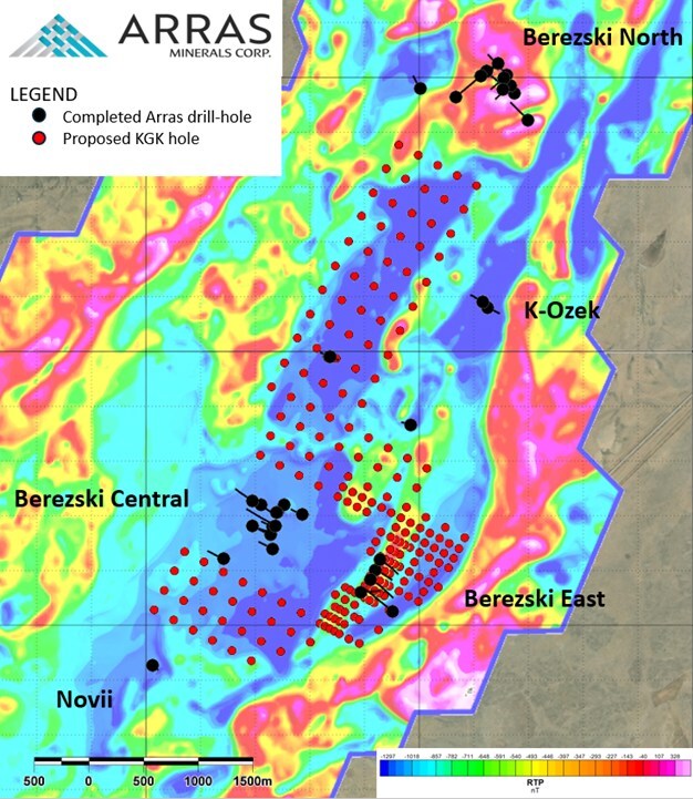 Figure 2. Berezski Trend, showing completed drill-holes, proposed KGK holes, overlain on reduction to pole (“RTP”) ground magnetic survey data. (CNW Group/Arras Minerals Corp.) Figure 2. Berezski Trend, showing completed drill-holes, proposed KGK holes, overlain on reduction to pole (“RTP”) ground magnetic survey data. (CNW Group/Arras Minerals Corp.)