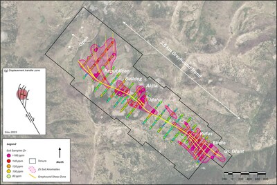 Figure 4. Plan view of the 3.5 km Greyhound shear zone with rock and soil geochemistry data. Magenta polygons highlight zones of elevated zinc (>100 ppm Zn) over the primary showings, and new anomalies that indicate targets adjacent to the main shear zone. Structural horsetail feature on a strike-slip system shown from Siler 2023. (CNW Group/Metallis Resources Inc.)