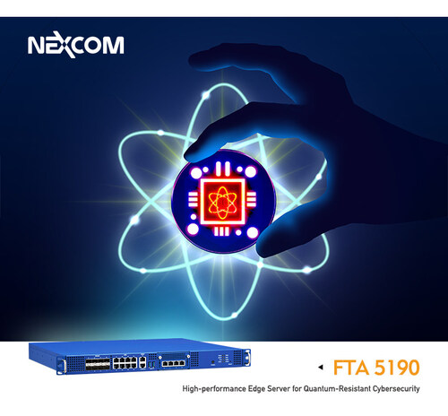 A hand holds a glowing microchip with an atomic symbol, representing quantum technology, above the NEXCOM FTA 5190 high-performance edge server for quantum-resistant cybersecurity.
