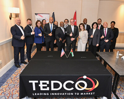 Maryland Governor Wes Moore; TEDCO CEO Troy LeMaile-Stovall; His Excellency Sami Smeirat, Jordanian Minister of Digital Economy and Entrepreneurship; and Her Excellency Ambassador Dina Kawar, Tammi Thomas, president, TEDCO, Maryland Department of Commerce.