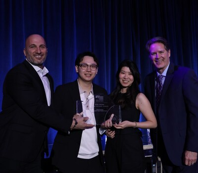 Melhem Succar, Director of Growth and Business Development, Jeremy Ku, Head of Operations and Celina Gu, Founder of Bluevua celebrate on stage with Derek Miller, IHA President and CEO.