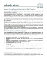 Lundin Mining Reports First Quarter 2026 Results (CNW Group/Lundin Mining Corporation)