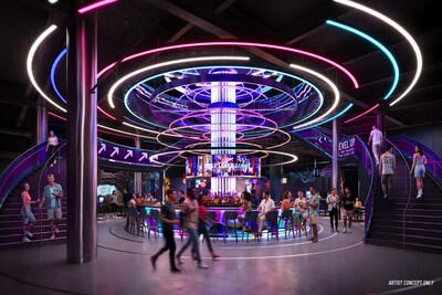 Artist rendering of the two-story bar located at the center of Level99 at Disney Springs