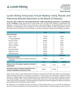 Lundin Mining Announces Annual Meeting Voting Results and Welcomes Michael Steinmann to the Board of Directors (CNW Group/Lundin Mining Corporation)
