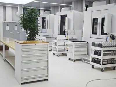 ROCKBEN heavy duty modular drawer cabinets and industrial tool storage systems installed in a humanoid robot manufacturing facility, supporting precision component storage on the production floor.