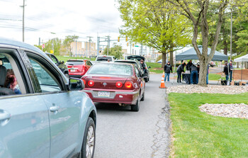 Vehicles lined up throughout the morning to return their used lead batteries. In total, East Penn served 307 vehicles.