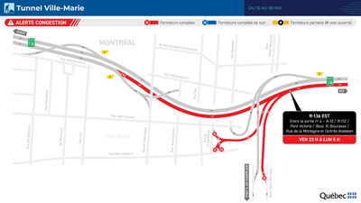 Fermeture des tunnels Ville-Marie et Viger de la route 136 en direction est au cours de la fin de semaine du 15 mai 2026 (Groupe CNW/Ministère des Transports et de la Mobilité durable) Fermeture des tunnels Ville-Marie et Viger de la route 136 en direction est au cours de la fin de semaine du 15 mai 2026 (Groupe CNW/Ministère des Transports et de la Mobilité durable)