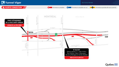 Fermeture des tunnels Ville-Marie et Viger de la route 136 en direction est au cours de la fin de semaine du 15 mai 2026 (Groupe CNW/Ministère des Transports et de la Mobilité durable) Fermeture des tunnels Ville-Marie et Viger de la route 136 en direction est au cours de la fin de semaine du 15 mai 2026 (Groupe CNW/Ministère des Transports et de la Mobilité durable)