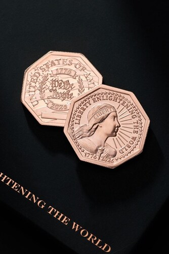 Lady Liberty Enlightening the World, limited-edition coin made with copper removed from the Statue of Liberty during its restoration and commemorating 250th anniversary of the United States of America.